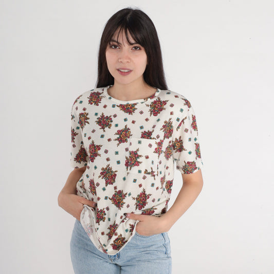 90s Floral Tile Print Pocket T-Shirt White Graphic Tee Small S