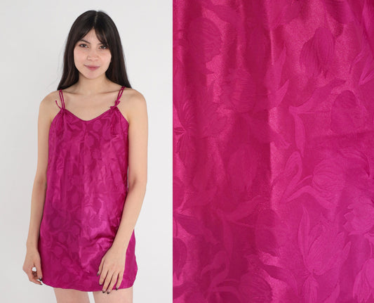 80s Magenta Floral Embossed Slip Dress Mini Spaghetti Strap Side Slit Small