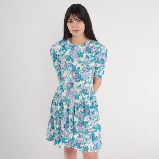 80s Floral Mini Dress Puff Sleeve White Rose Print Basque Waist Small