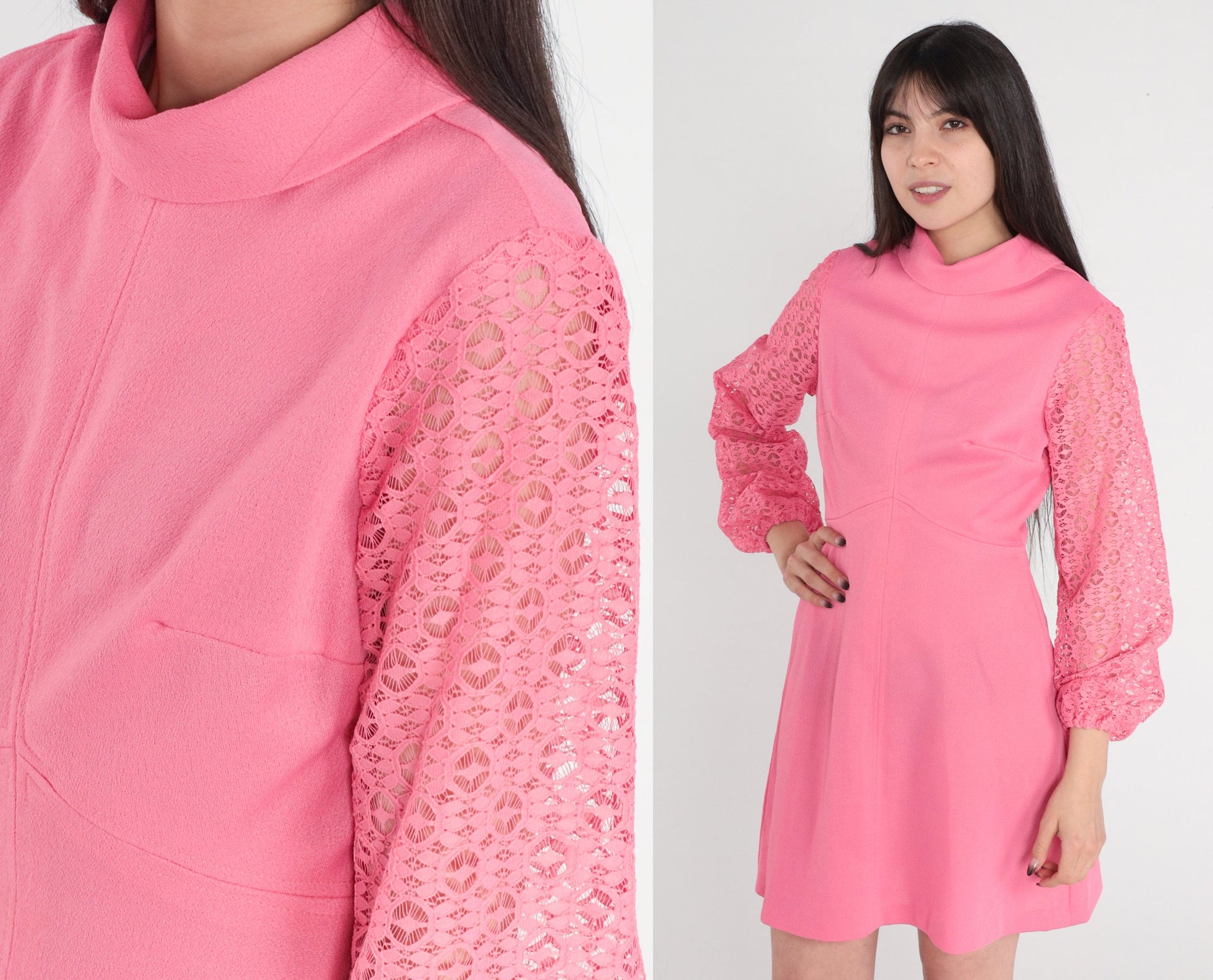 70s Pink Mini Dress Empire Waist Sheer Lace Sleeves Mock Neck Small
