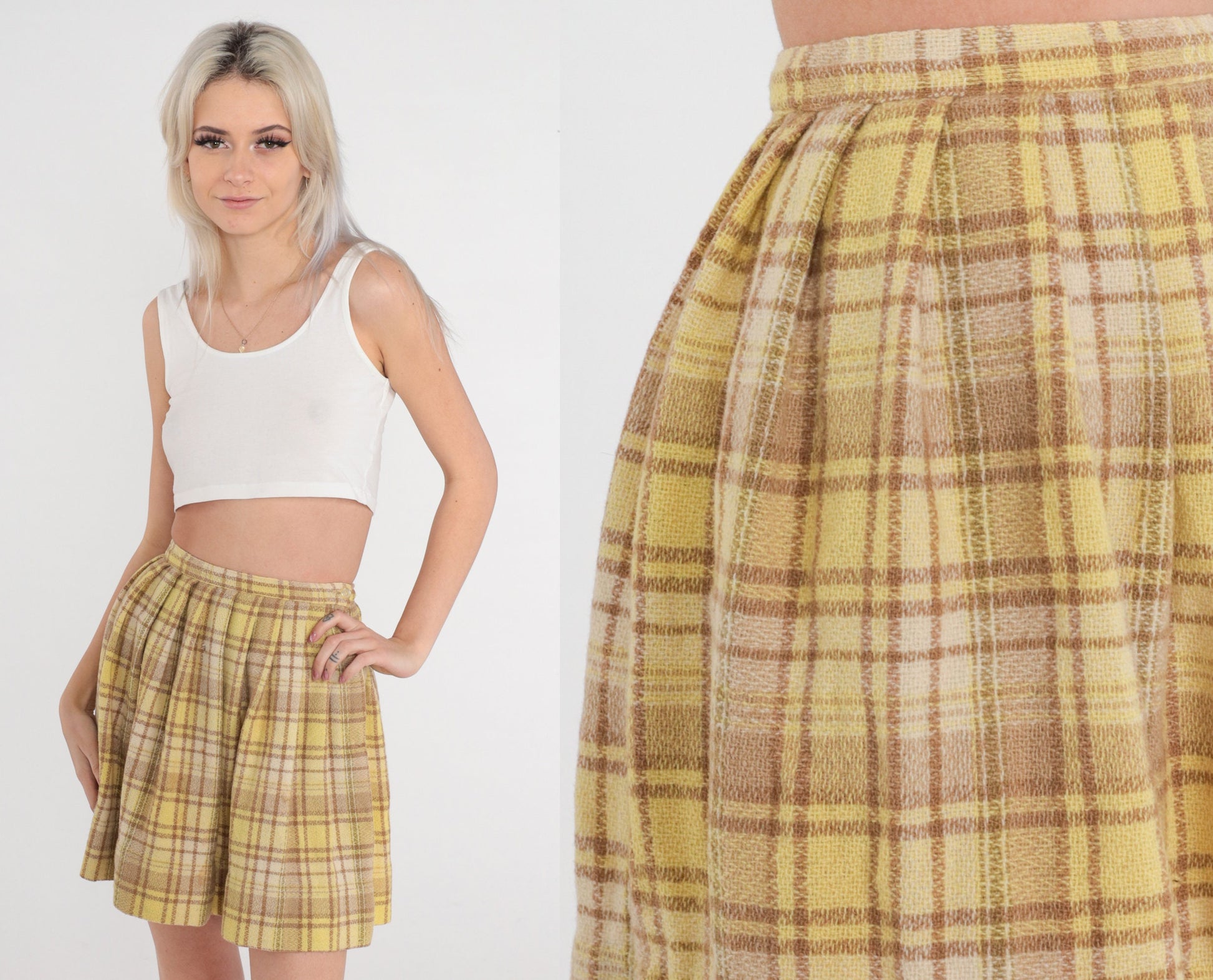 60s Yellow Plaid Wool Mini Skirt High Waisted Pleated School Girl Extra Small