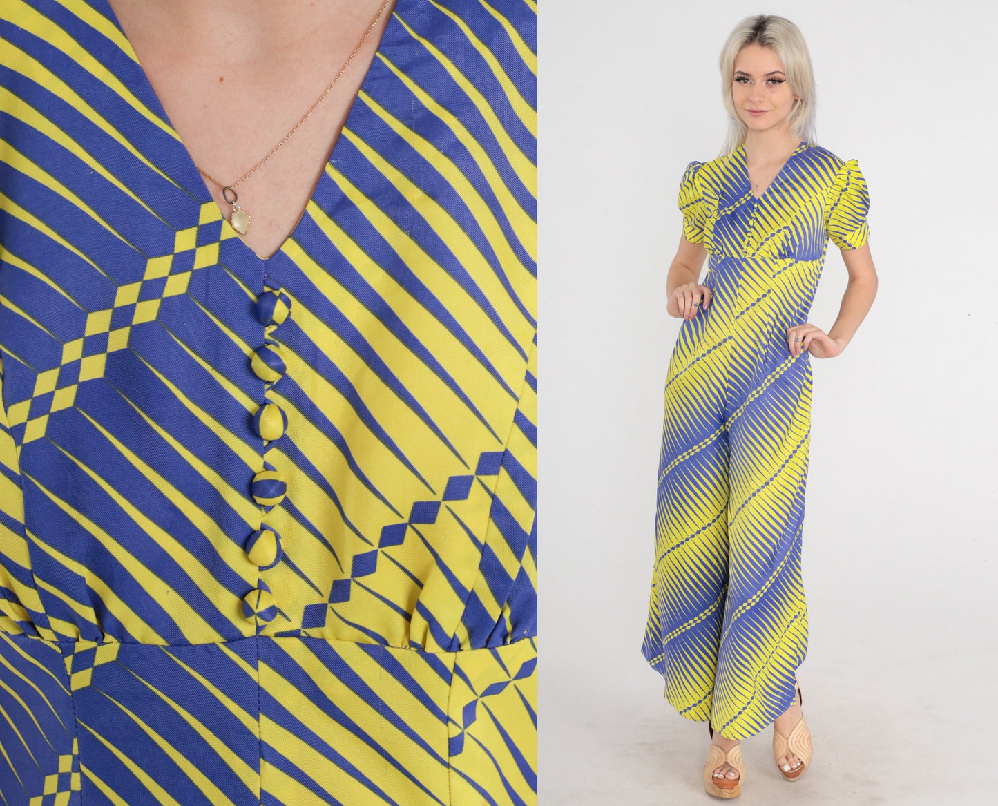 70s Jumpsuit Purple Yellow Striped Psychedelic Empire Waist Wide Leg Puff Sleeve XS