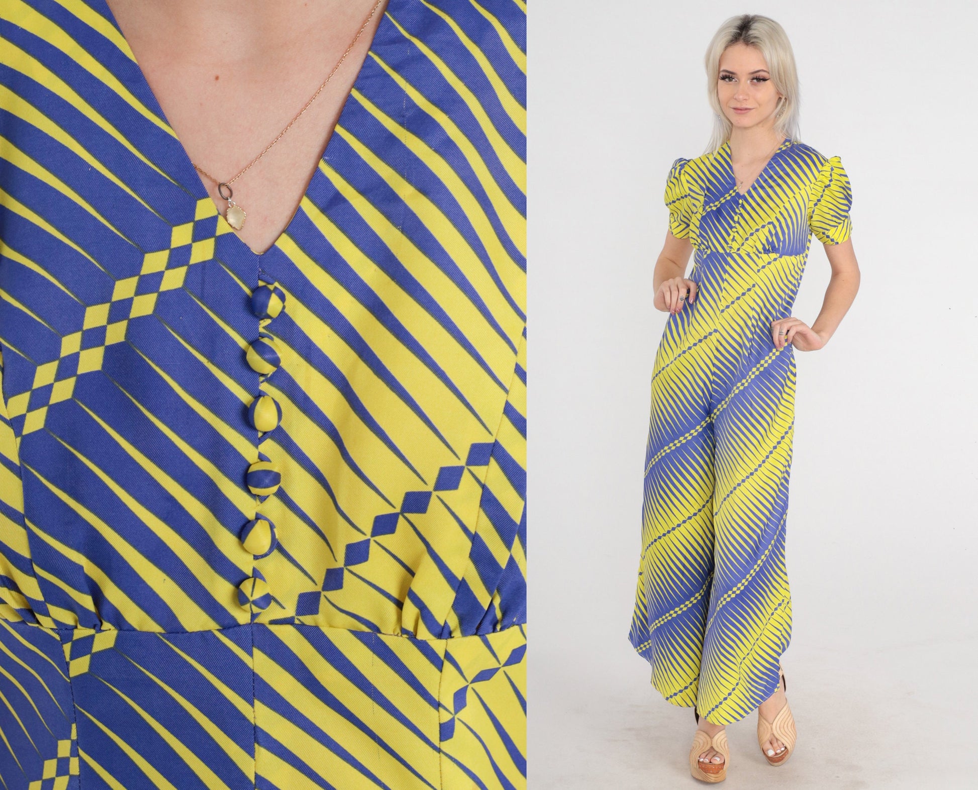 70s Jumpsuit Purple Yellow Striped Psychedelic Empire Waist Wide Leg Puff Sleeve XS