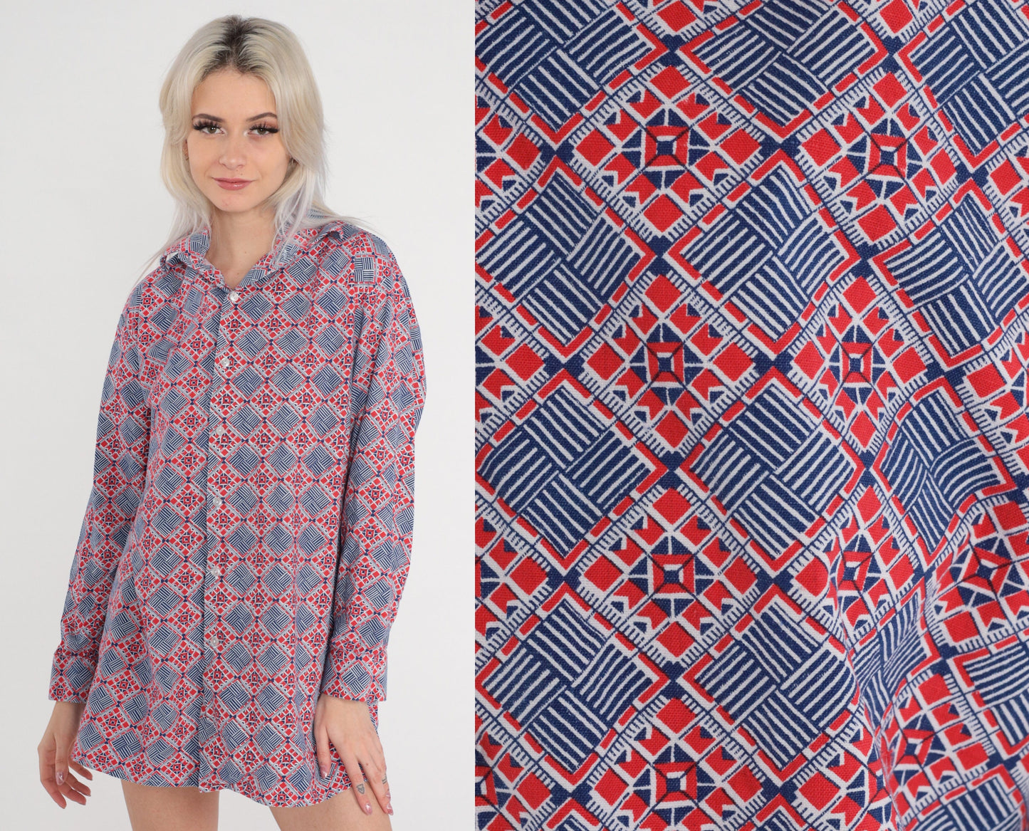 70s Lotus Button Up Shirt Red Blue Geometric Tile Print Long Sleeve Extra Large