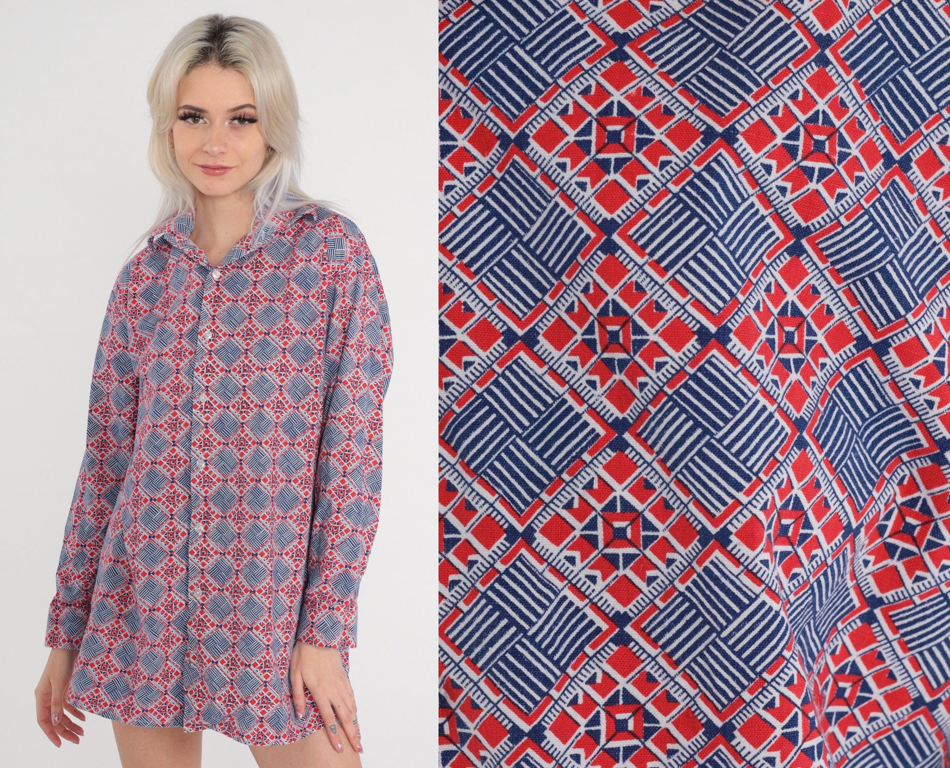70s Lotus Button Up Shirt Red Blue Geometric Tile Print Long Sleeve Extra Large