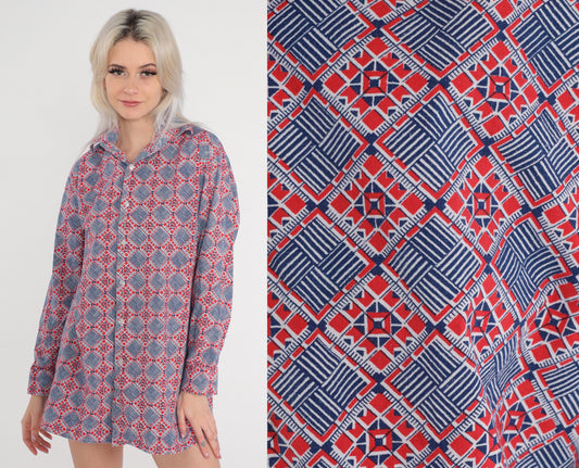 70s Lotus Button Up Shirt Red Blue Geometric Tile Print Long Sleeve Extra Large
