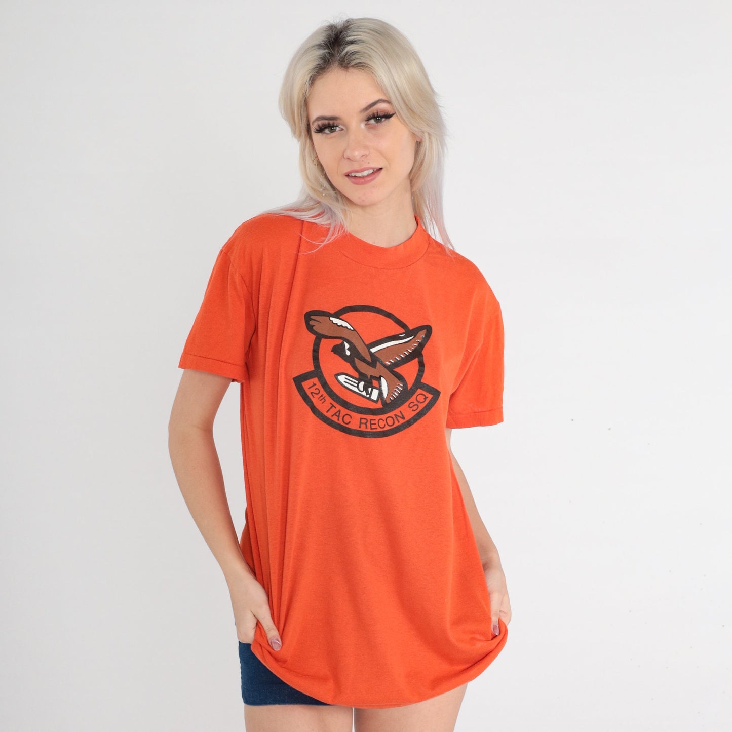 80s 12th Tac Recon Squadron F-16 Graphic T-Shirt Orange Single Stitch Large