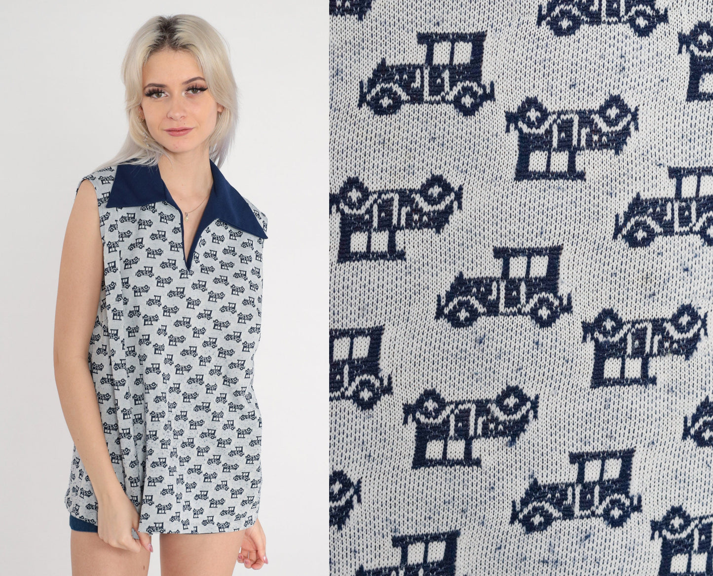 70s Antique Car Print Tank Top Navy Wing Collar Sleeveless Knit Extra Large