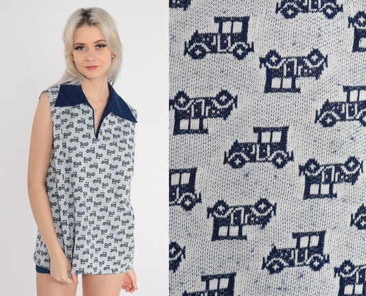 70s Antique Car Print Tank Top Navy Wing Collar Sleeveless Knit Extra Large