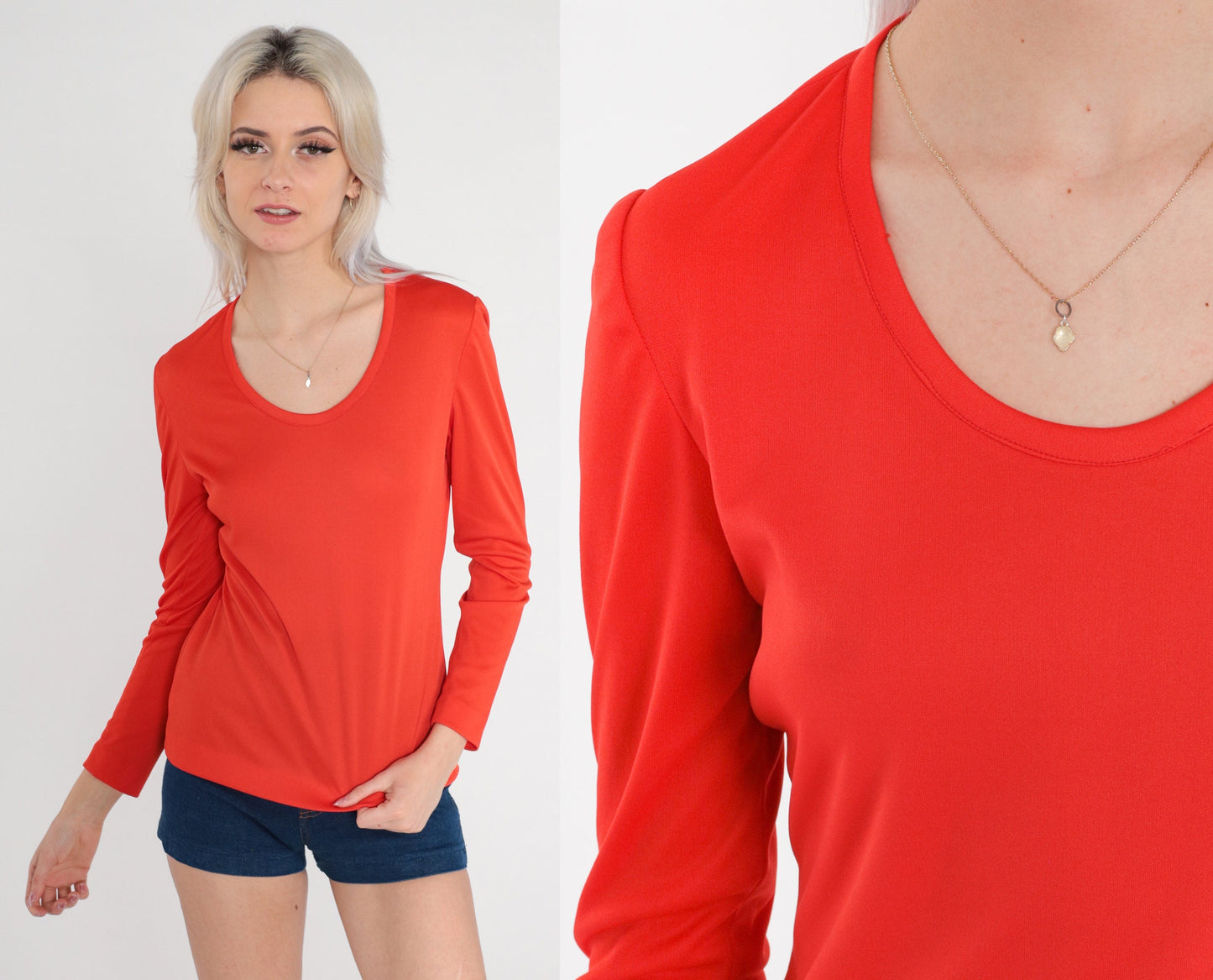 70s Red-Orange Scoop Neck Long Sleeve Shirt Small