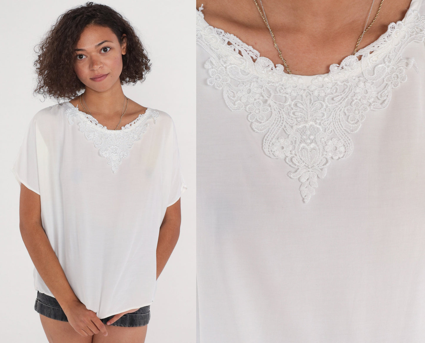 90s White Floral Lace Appliqué Blouse Short Sleeve Top Extra Large XXL