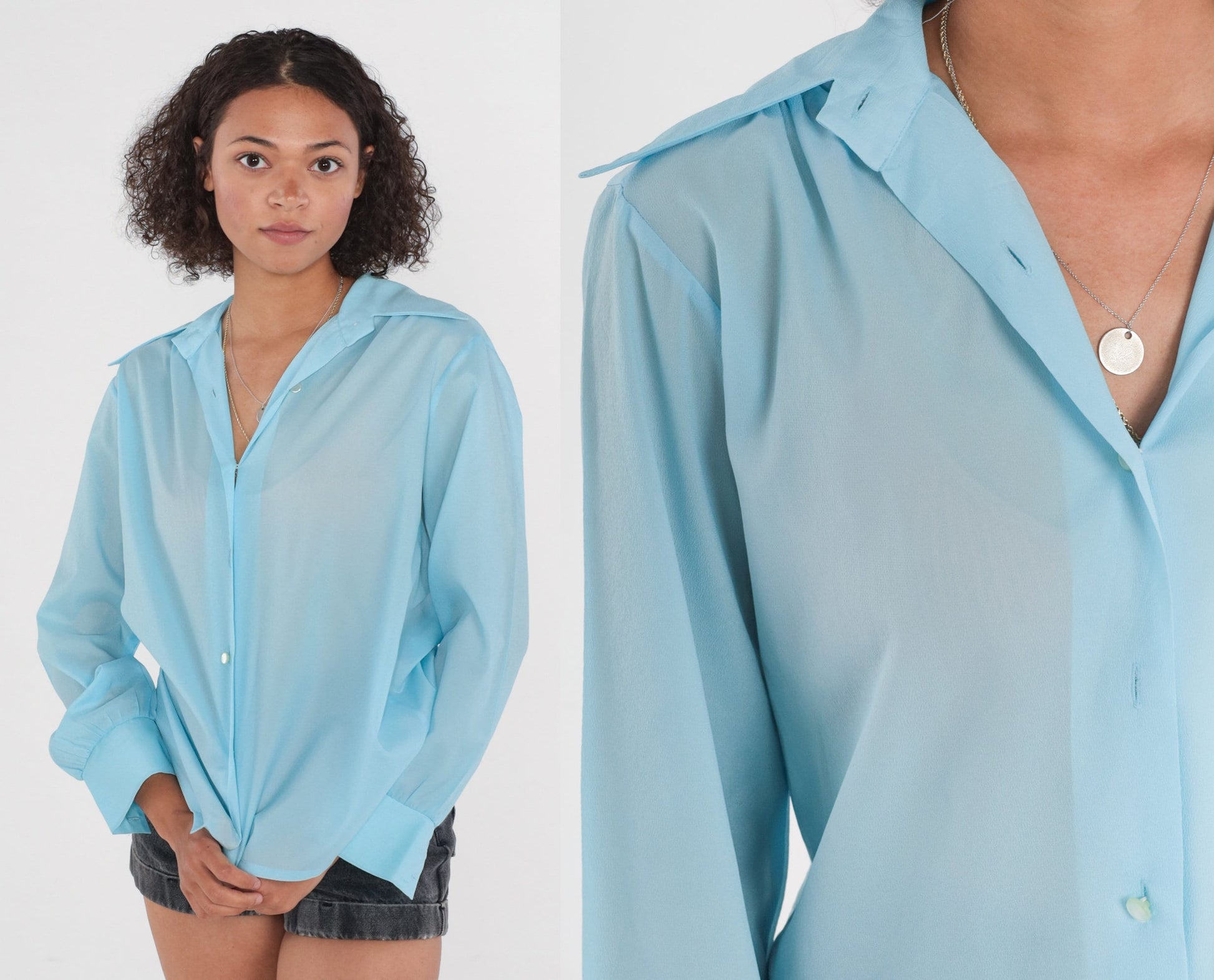 70s Blue Dagger Collar Button-Up Blouse Long Sleeve Semi-Sheer Medium