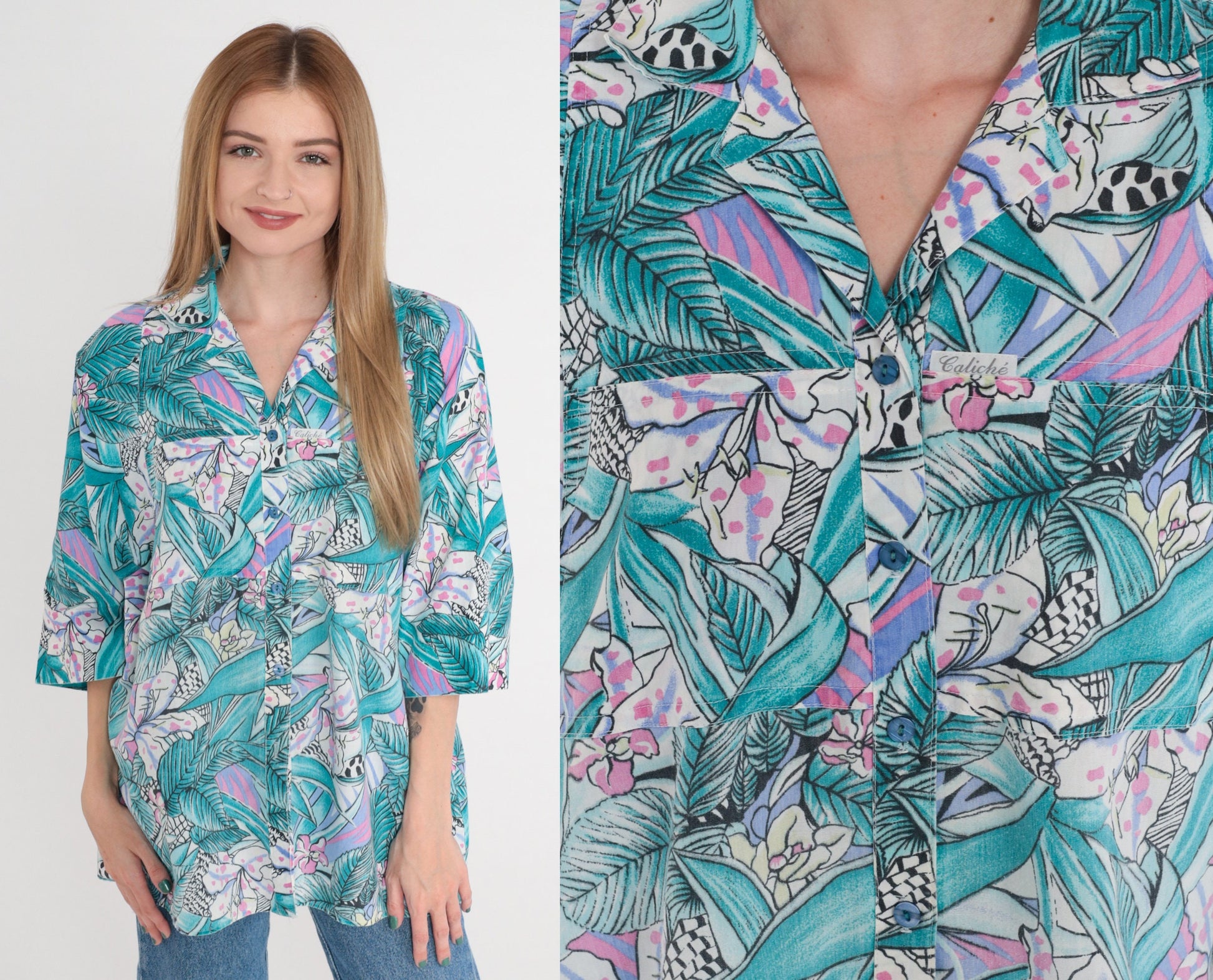 90s Tropical Leopard Floral Button-Up Blouse Pink Purple Blue White Large L