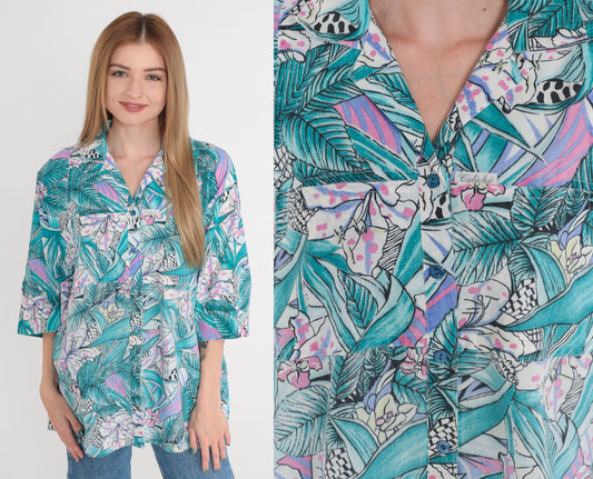 90s Tropical Leopard Floral Button-Up Blouse Pink Purple Blue White Large L