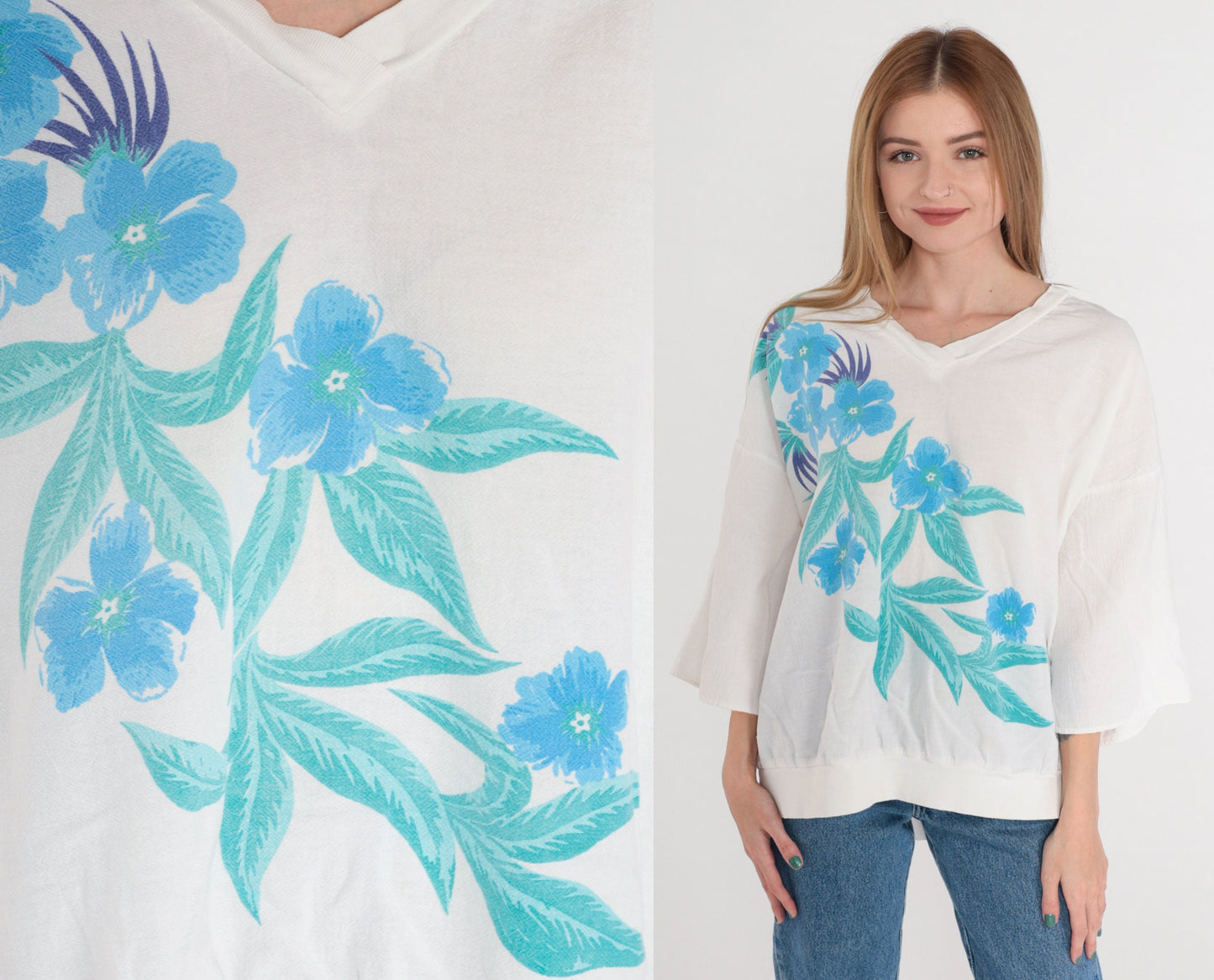 90s White Floral T-Shirt Blue Flower Graphic V-Neck 3/4 Sleeve Blouse Extra Large XL