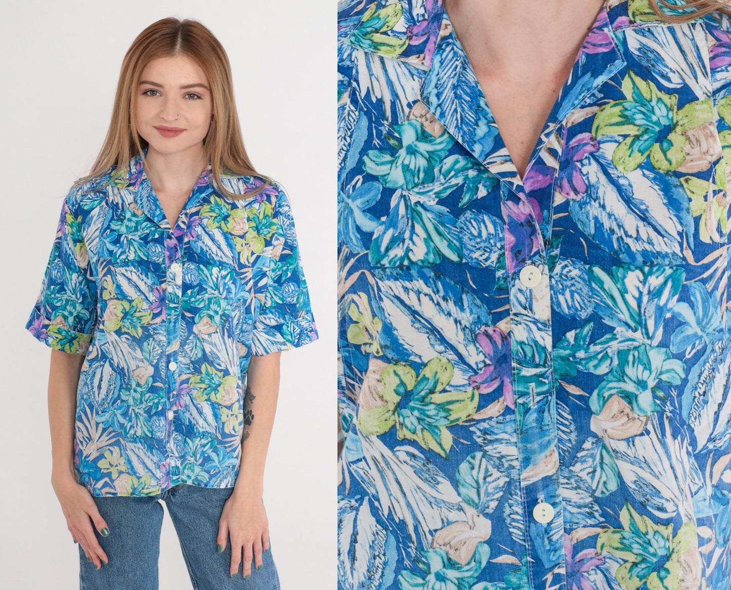 90s Blue Floral Button-Up Blouse Short Cuffed Sleeve Green Purple Leaf Print Medium M