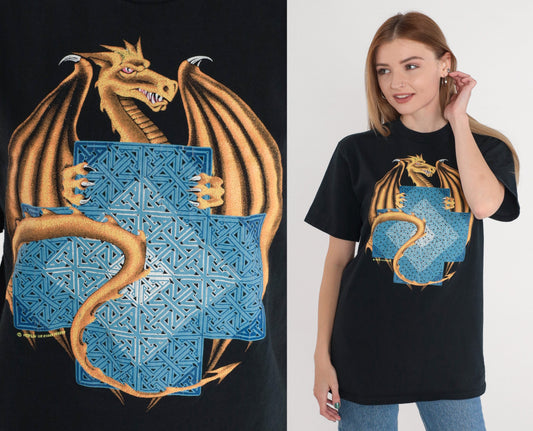 90s Dragon Sacred Geometry Graphic T-Shirt Black Medium M