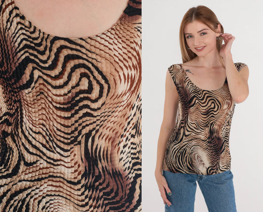 Y2K Pleated Tank Top Psychedelic Animal Print Brown Black Large L