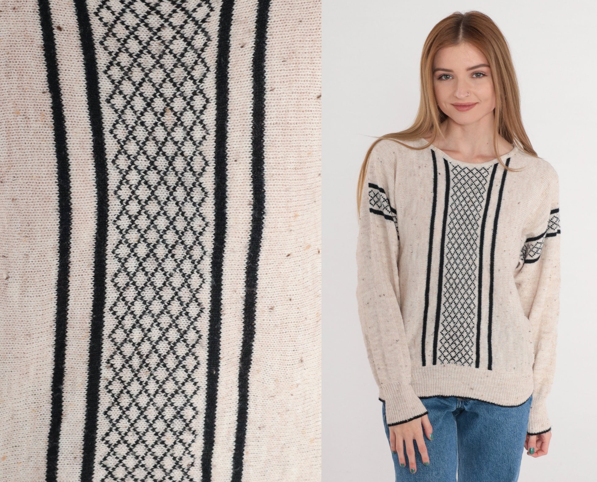 80s Gitano Striped Checkered Knit Sweater Oatmeal Black Small