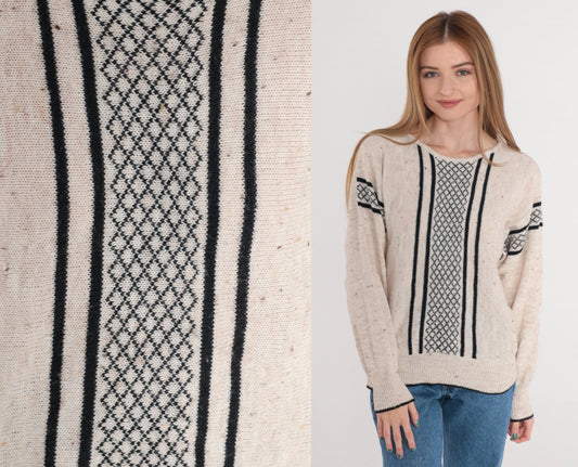 80s Gitano Striped Checkered Knit Sweater Oatmeal Black Small