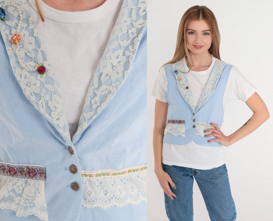 90s Baby Blue Lace Vest White T-Shirt Combo Pearl Beaded Rosette Small
