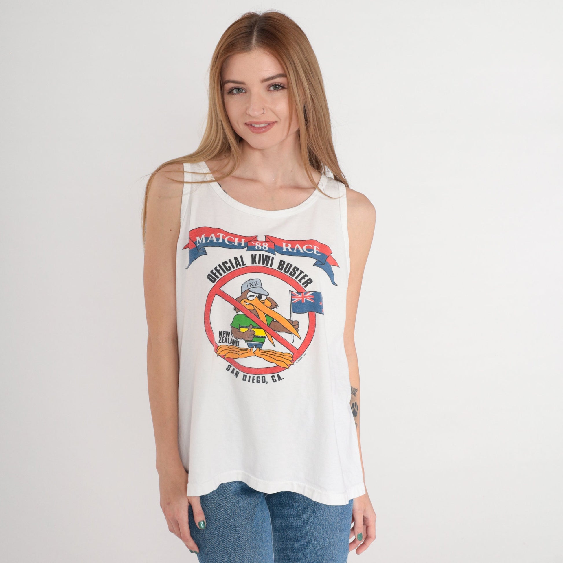 1988 America's Cup Match Race Tank Top Kiwi Buster Graphic White Large