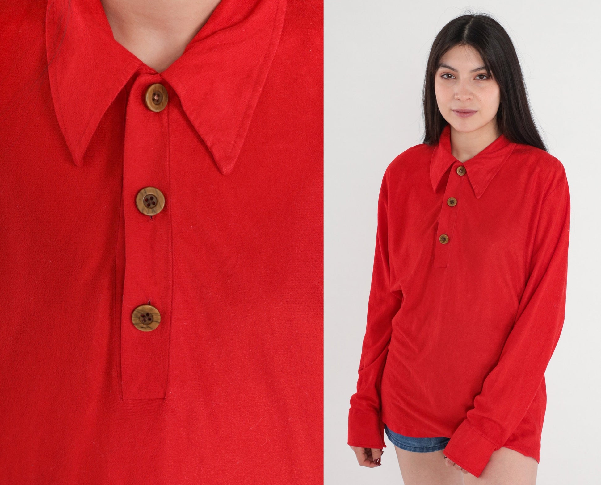 70s Red Velour Polo Shirt Long Sleeve Dagger Collar Quarter Button Large