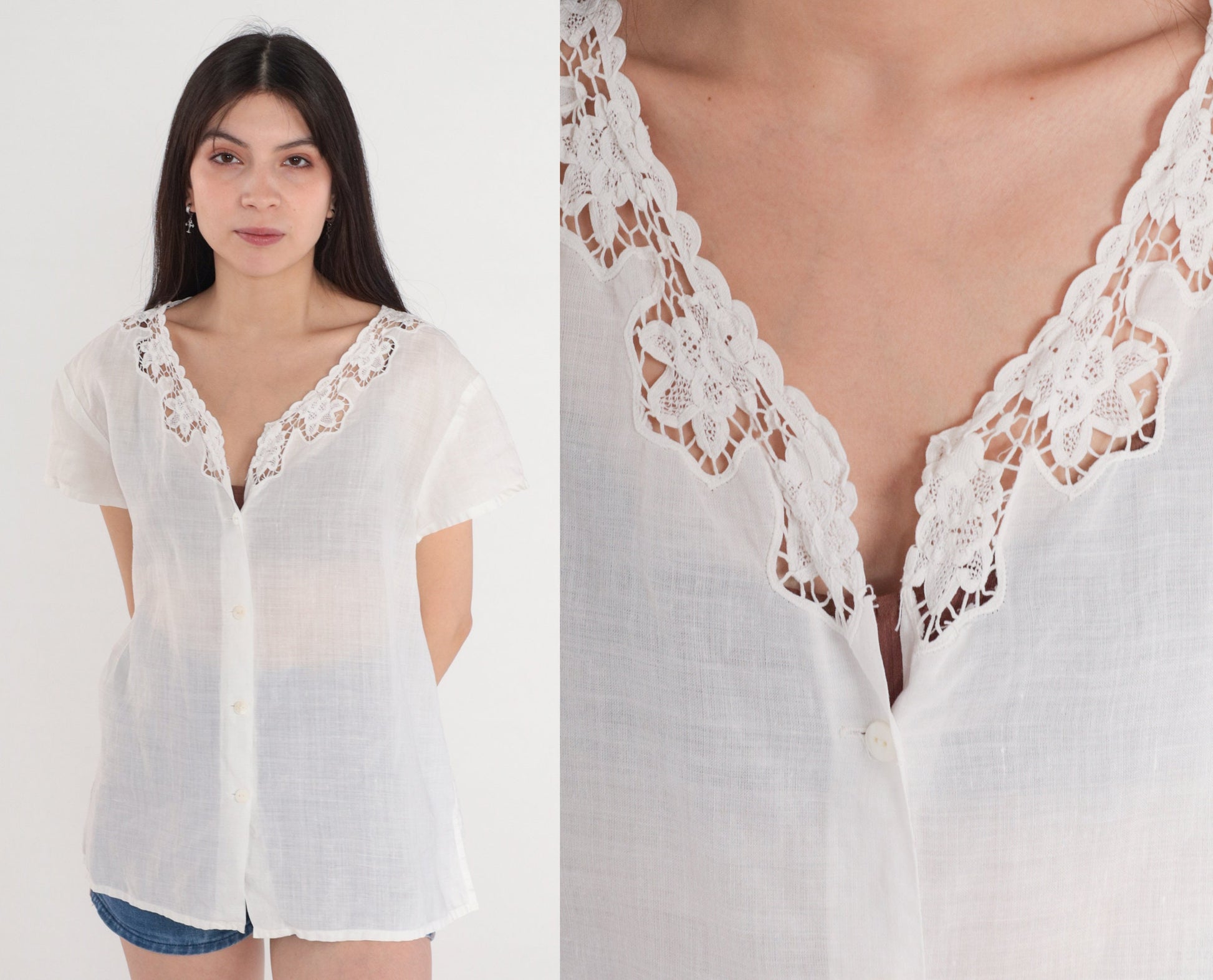 90s White Floral Cutout Ramie Blouse Short Sleeve Button Up Medium M
