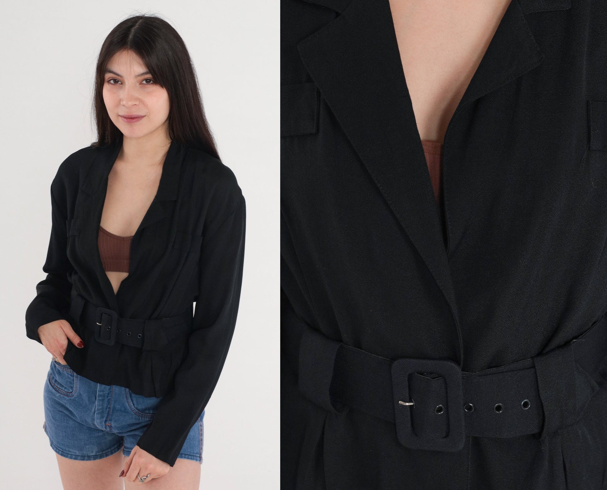 90s Joule Black Blazer Deep V Neck Belted Structured Jacket Small