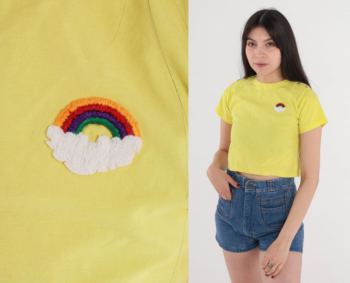 70s Yellow Crop Top Rainbow Patch Pearl Snap Shoulders XXS
