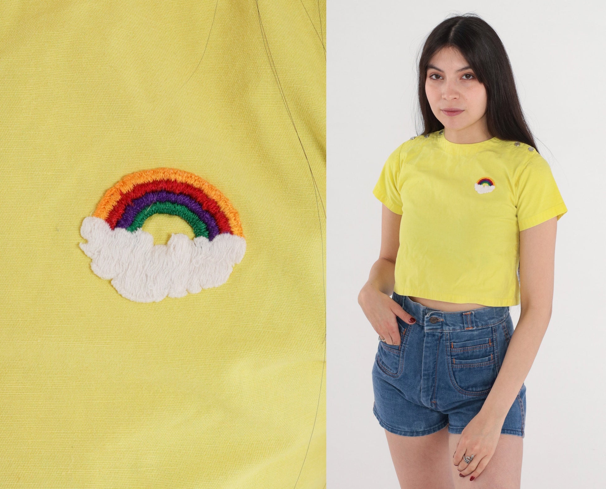 70s Yellow Crop Top Rainbow Patch Pearl Snap Shoulders XXS