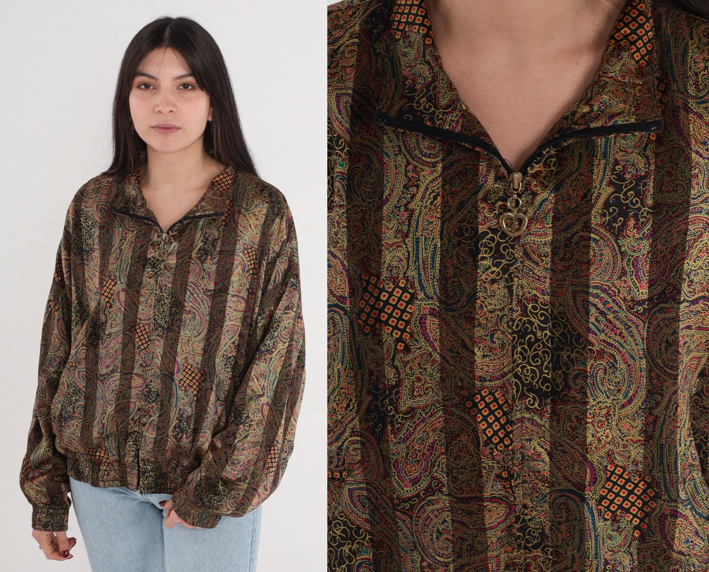 90s Paisley Striped Bomber Jacket Heart Zipper Windbreaker Medium M