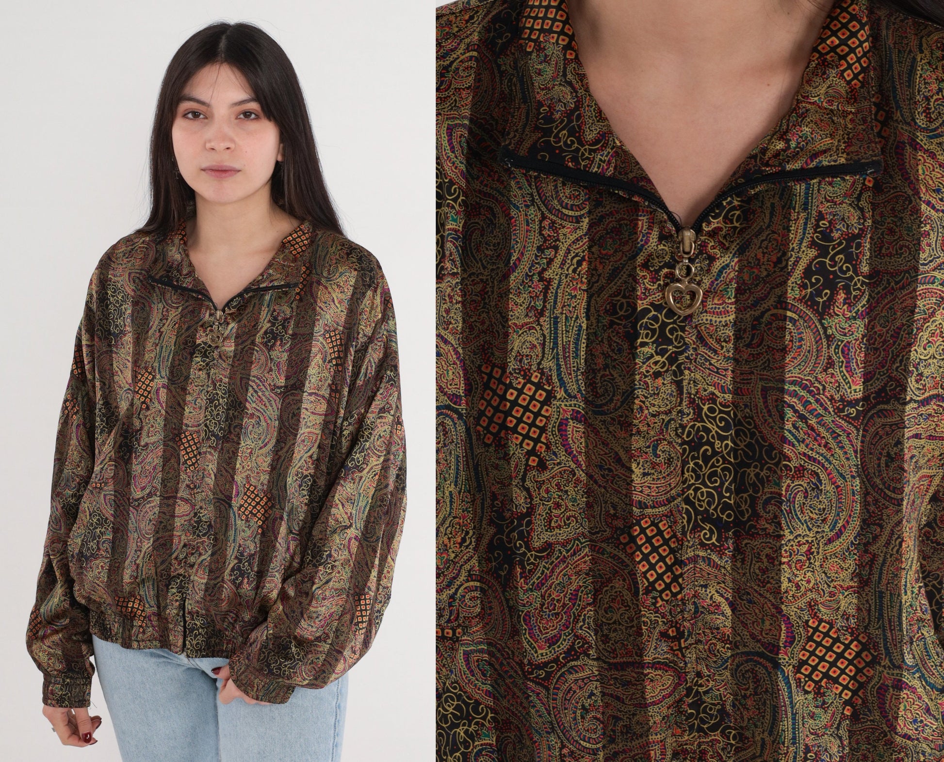 90s Paisley Striped Bomber Jacket Heart Zipper Windbreaker Medium M