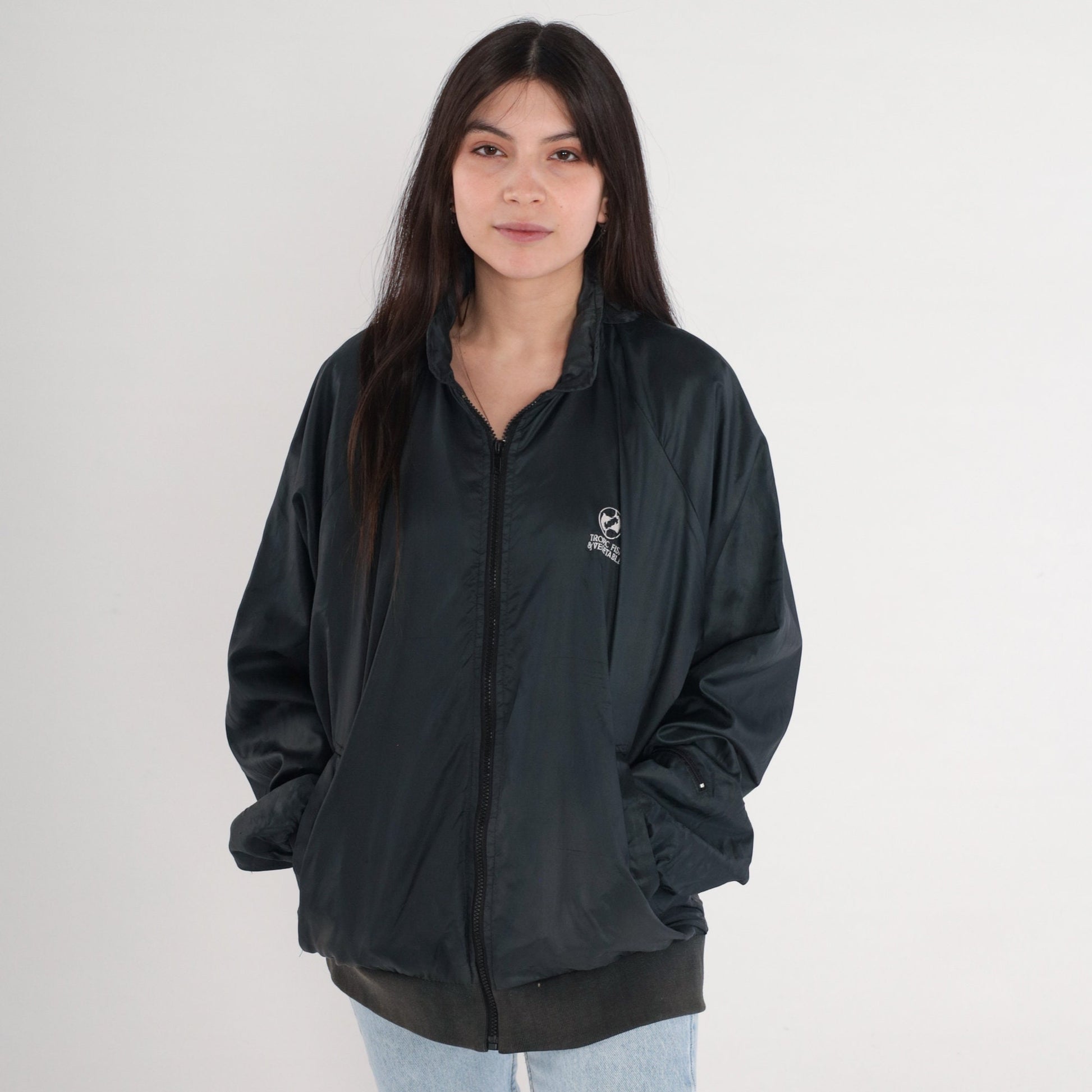 80s Tropic Fish Vegetable Logo Bomber Jacket Black Nylon Zip Windbreaker Large L