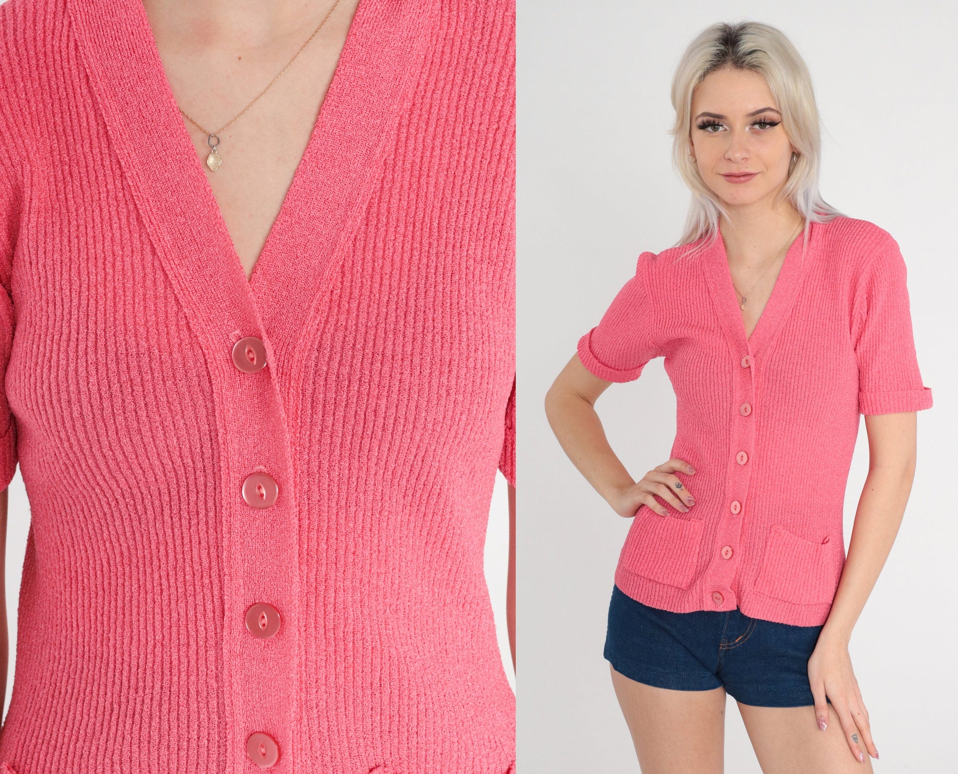 70s Pink Ribbed Knit Cardigan Short Sleeve Button Up Top Small