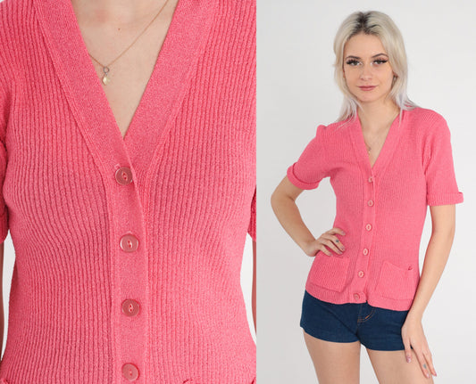 70s Pink Ribbed Knit Cardigan Short Sleeve Button Up Top Small