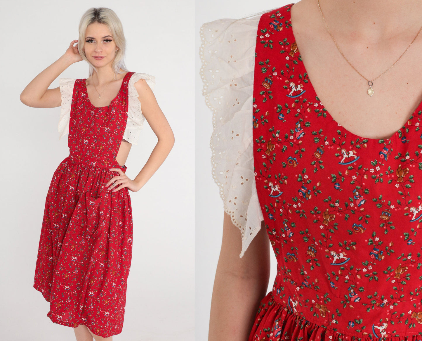 80s Red Eyelet Apron Dress Christmas Print Teddy Bears Trains Medium M