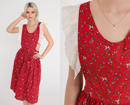 80s Red Eyelet Apron Dress Christmas Print Teddy Bears Trains Medium M