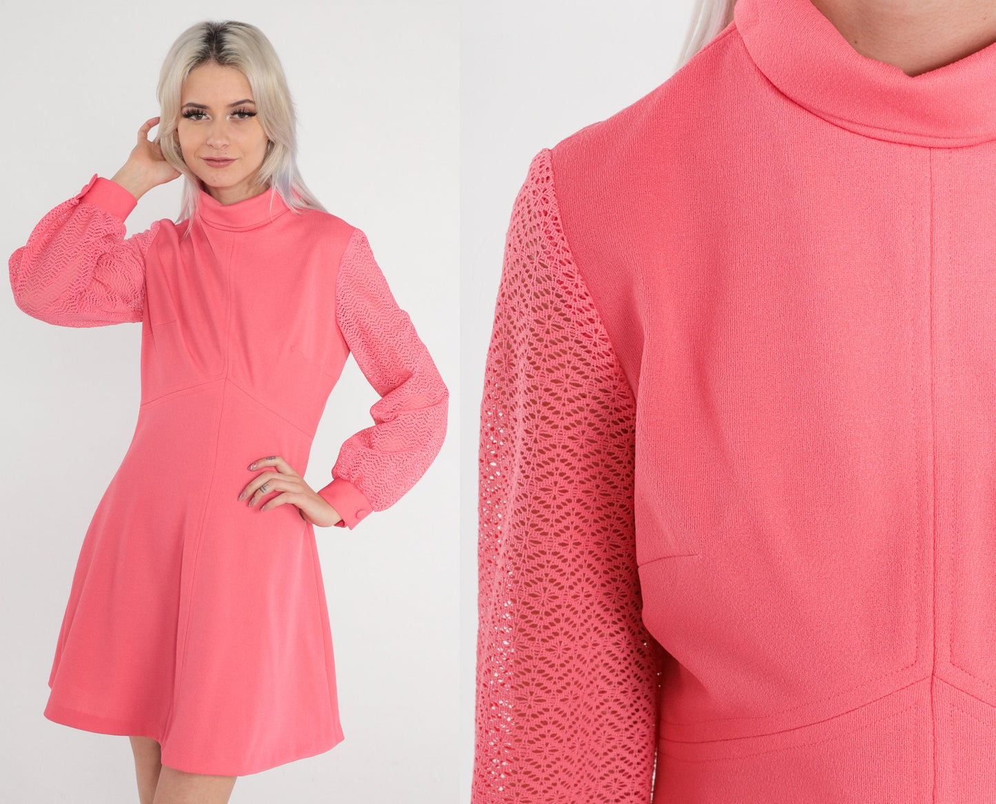 70s Pink Mini Dress Empire Waist Lace Sleeve High Mock Neck Medium M