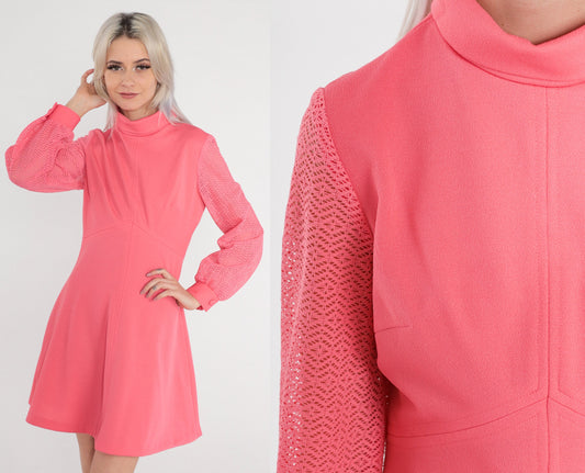 70s Pink Mini Dress Empire Waist Lace Sleeve High Mock Neck Medium M