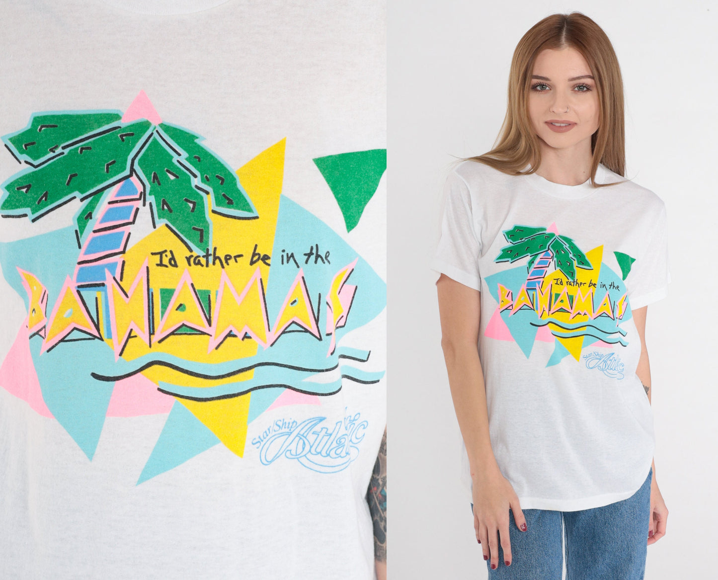 80s Bahamas Graphic T-Shirt I'd Rather Be Palm Tree Cruise Ship Medium