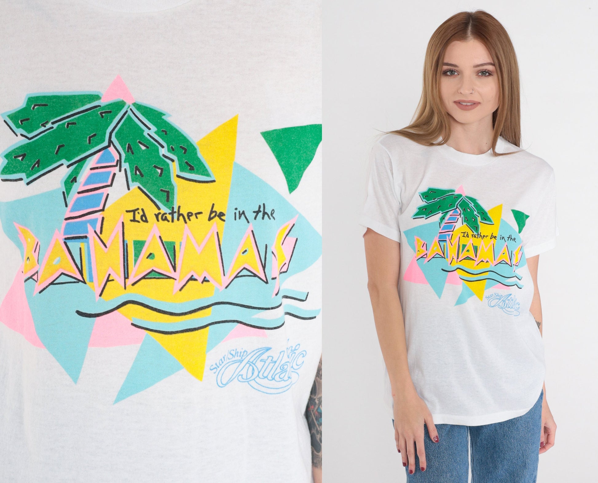 80s Bahamas Graphic T-Shirt I'd Rather Be Palm Tree Cruise Ship Medium