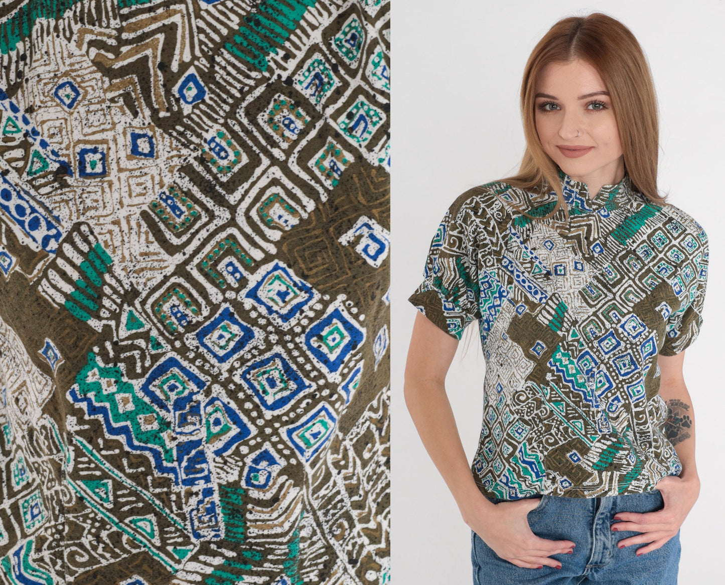80s Batik Blouse Mandarin Collar Puff Sleeve Brown Olive Abstract Top XS