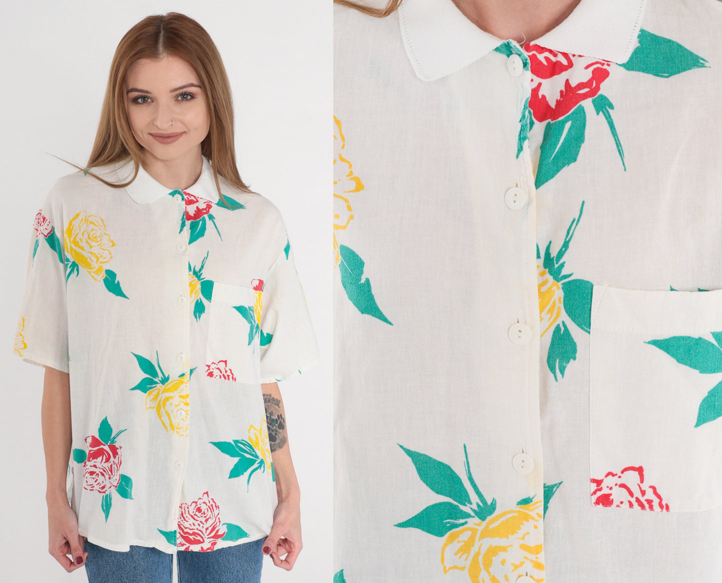 90s Rose Floral White Button-Up Blouse Short Sleeve Collared Top Medium M