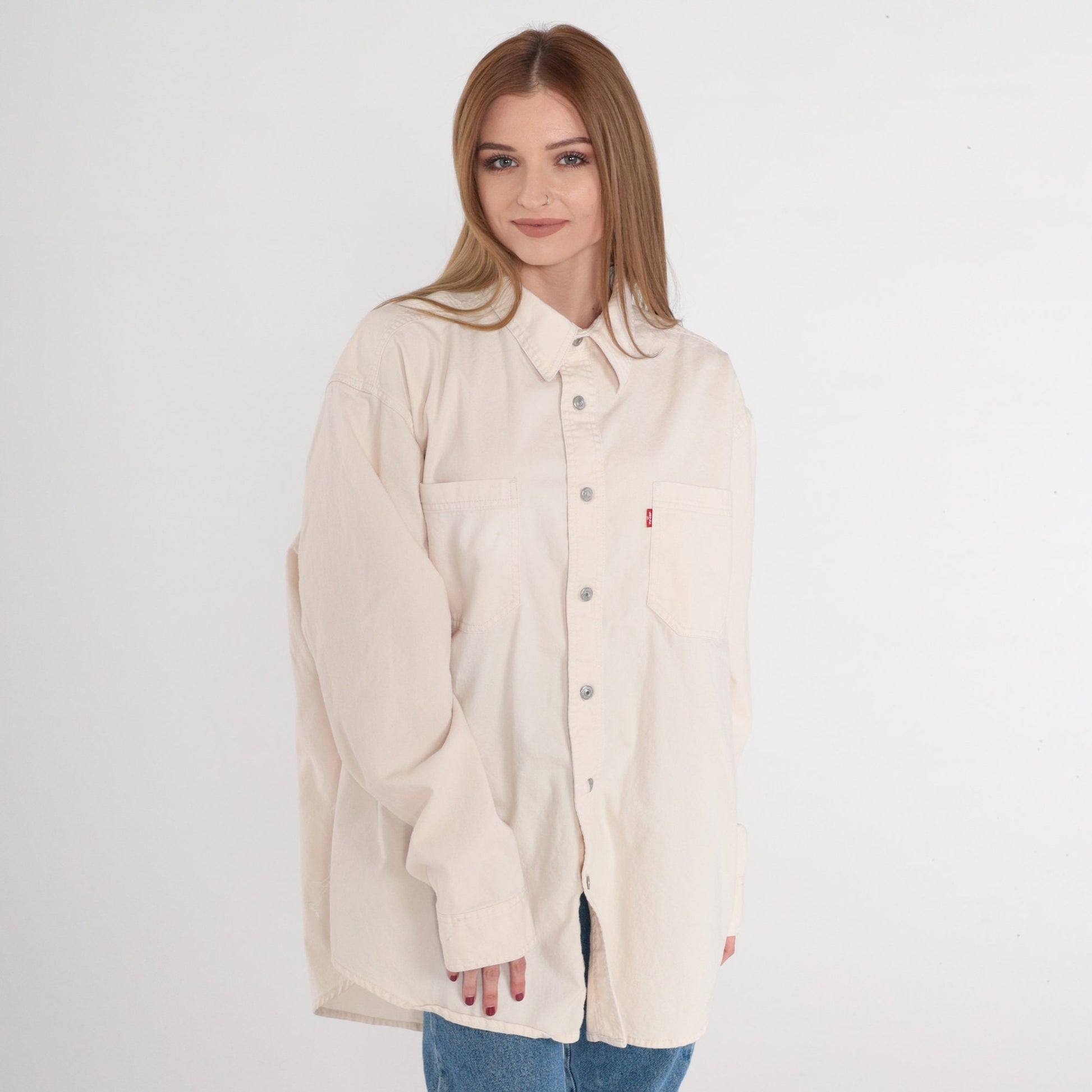 00s Levis Red Tag Denim Button Up Shirt Off-White Cotton Long Sleeve Large L