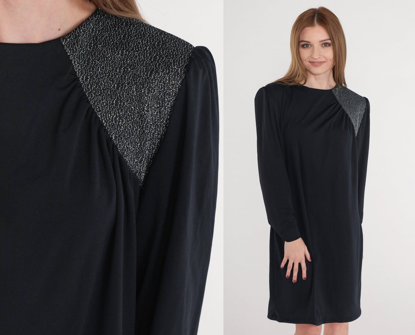 70s Black Mini Dress Metallic Shoulder Puff Sleeve Shift Large