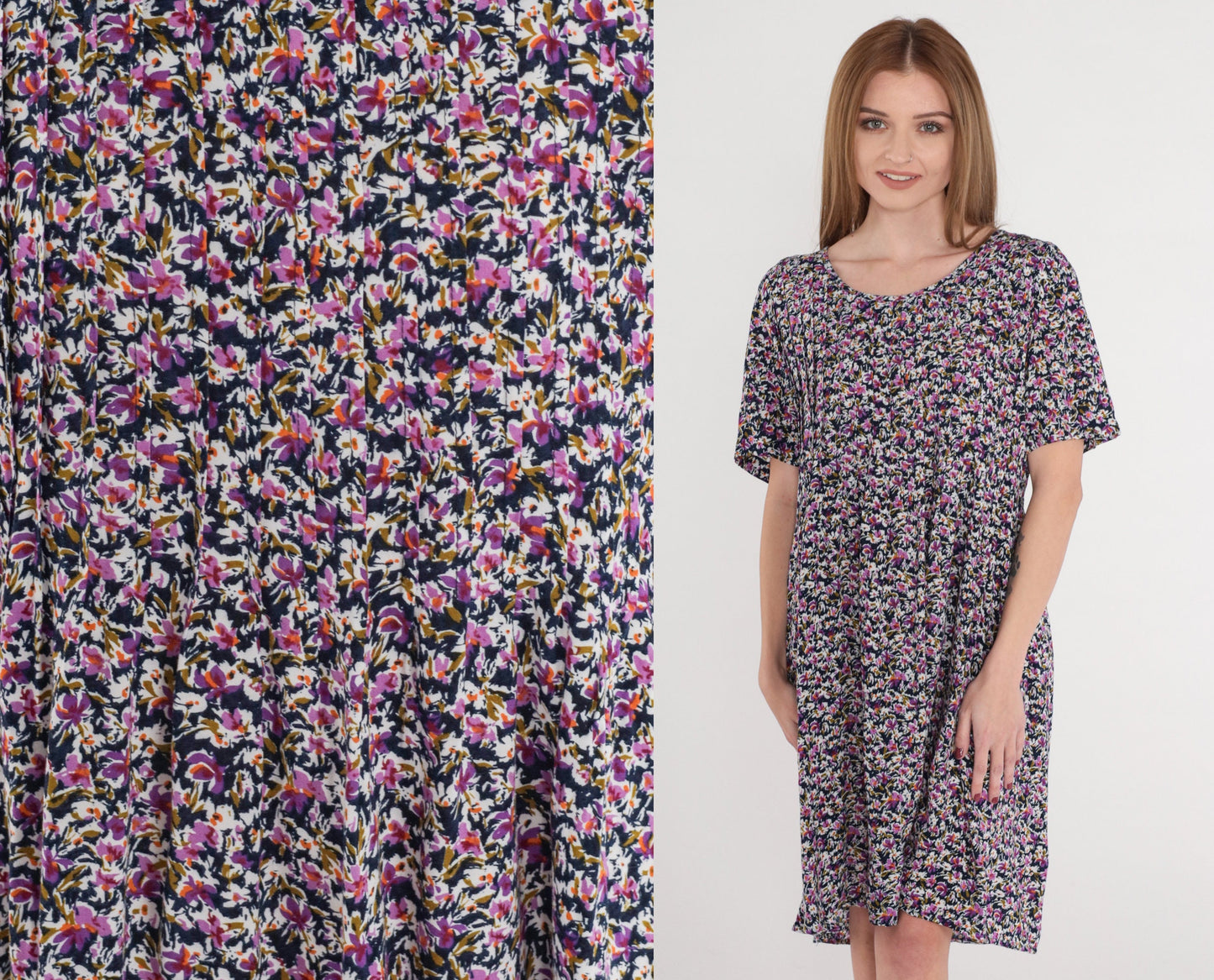90s Navy Floral Mini Dress Purple Print High Waist Tie Back Medium Large
