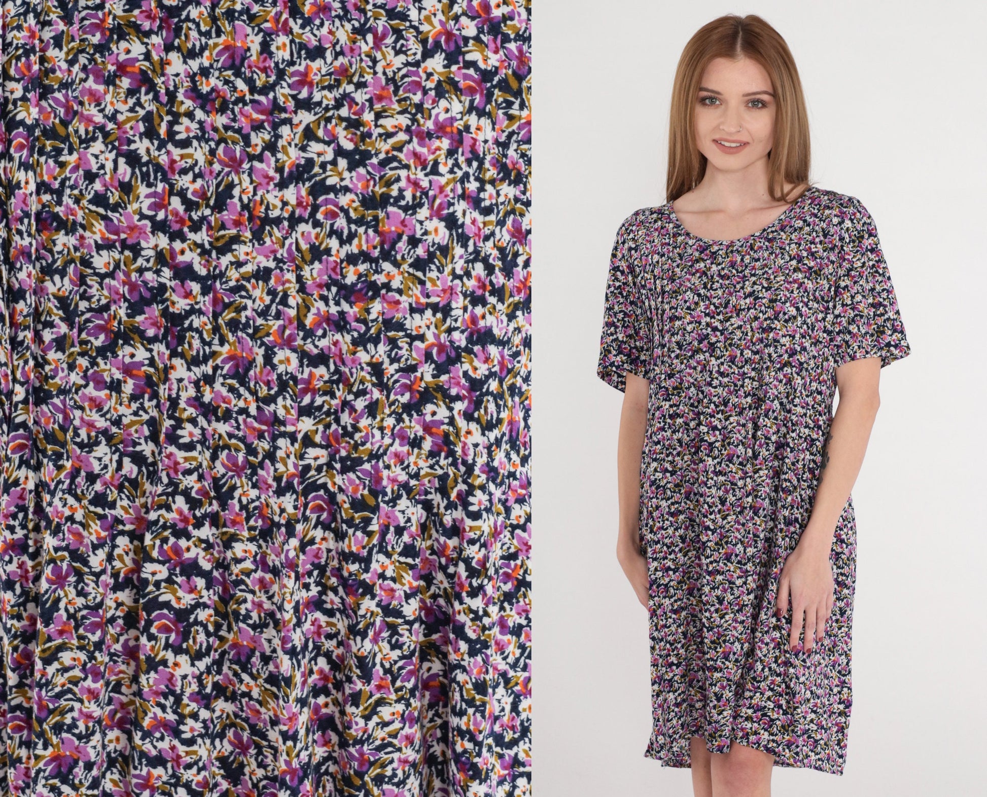 90s Navy Floral Mini Dress Purple Print High Waist Tie Back Medium Large