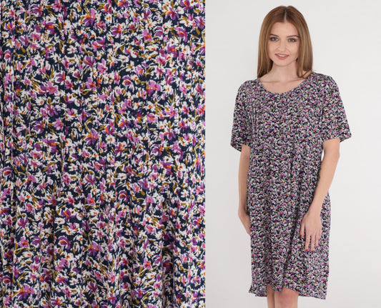 90s Navy Floral Mini Dress Purple Print High Waist Tie Back Medium Large