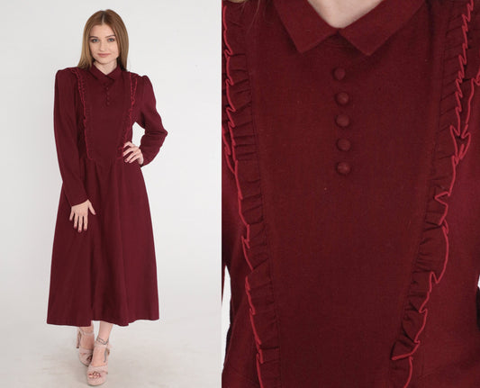 80s Dark Red Wool Midi Dress Puff Sleeve Basque Waist Collared Medium M